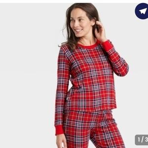 Wondershop Women's Plaid Cotton Ribbed Holiday Pajama Shirt Red